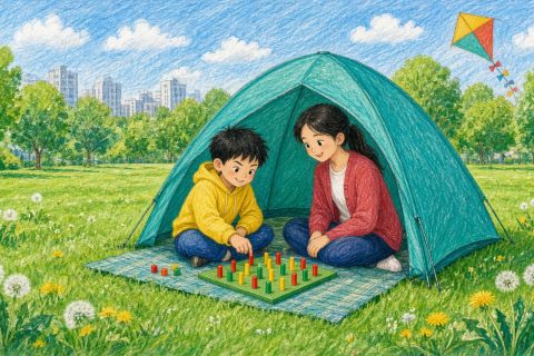 公园草地的小帐篷里，男孩和小姑盘腿对坐，中间的绿色操作板上插着四排彩色小棒