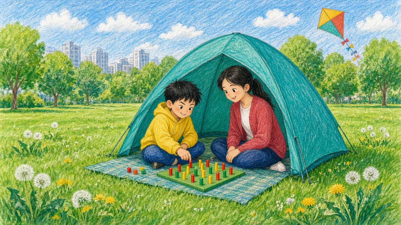 公园草地的小帐篷里，男孩和小姑盘腿对坐，中间的绿色操作板上插着四排彩色小棒