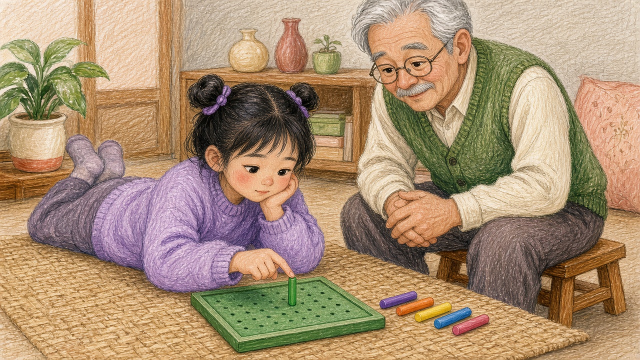 客厅编织地垫上，扎两个发髻的女孩趴着指向板上剩下的最后一根小棒，爷爷坐在小凳上陪她往回推