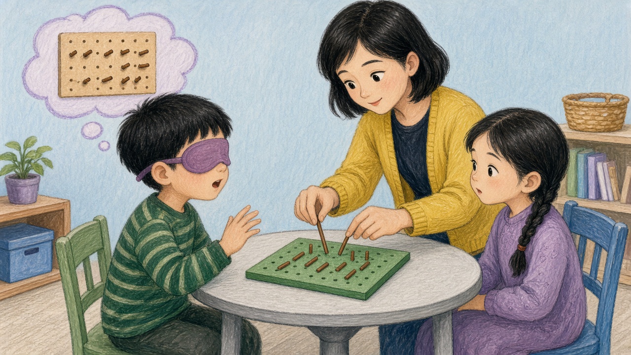 活动室圆桌旁，戴眼罩的男孩说出要钓几条，老师替他在操作板上拔棒，扎辫子的女孩在一旁看