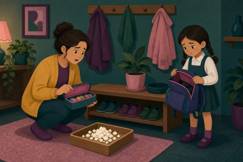 玄关长凳旁，妈妈看着铅笔盒里倒出的橡皮碎屑，女儿拎着书包站在一旁
