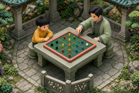 植物园凉亭石桌上，黑发男孩与爸爸围着绿操作板玩倒只棋，斜线加口字形框、彩棒和黑白珠清晰可见