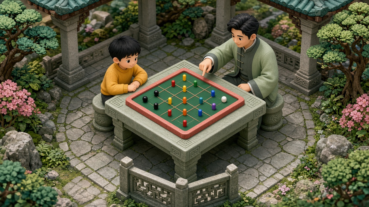 植物园凉亭石桌上，黑发男孩与爸爸围着绿操作板玩倒只棋，斜线加口字形框、彩棒和黑白珠清晰可见