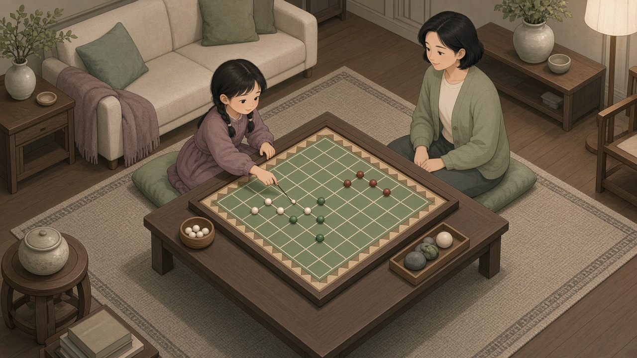 客厅矮桌旁，双辫女孩把一颗白珠沿线滑回右边空位，妈妈坐对面点头示意归位
