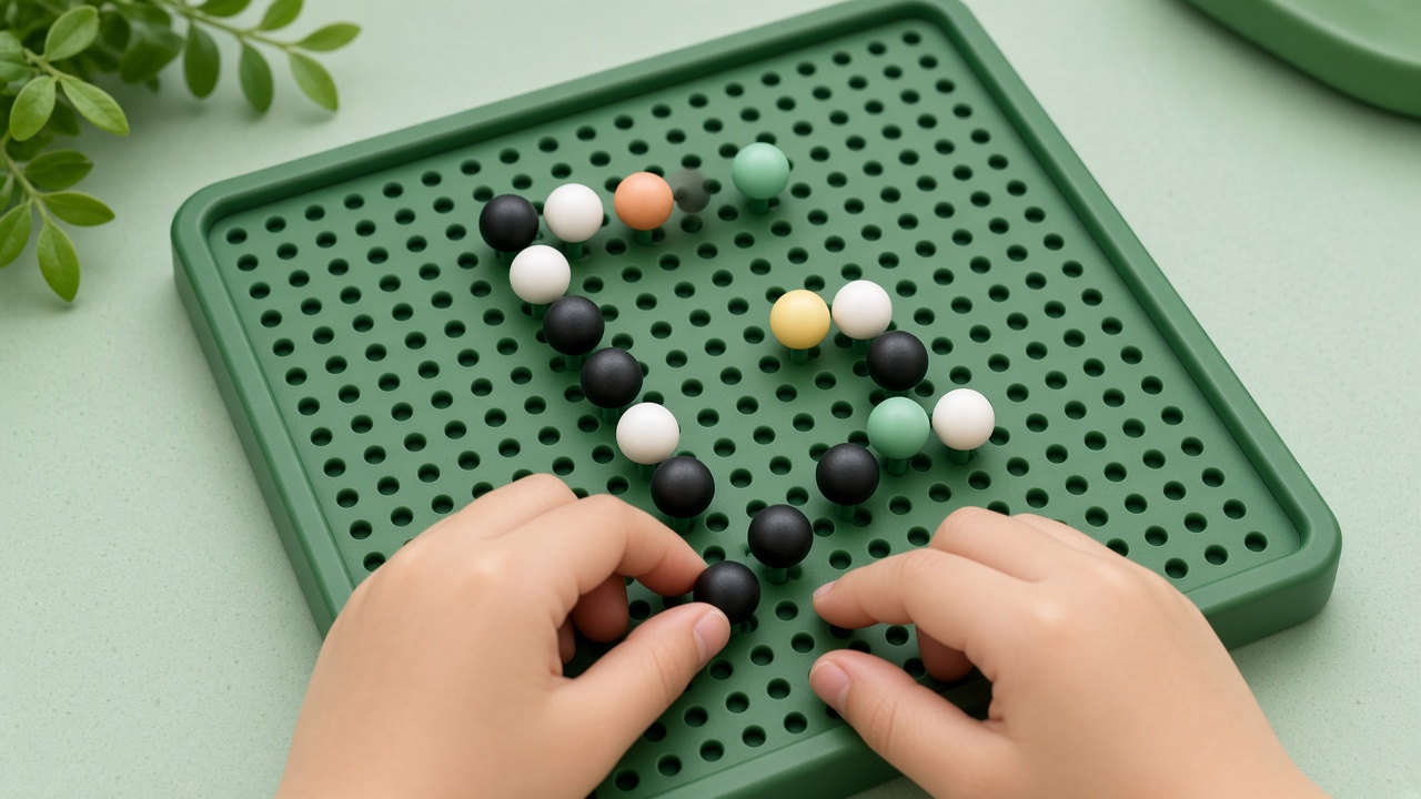 特写：孩子小手挪动黑珠，绿板上斜线围成口字框，六根彩棒和黑白珠近景
