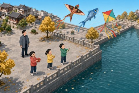 江边堤岸上三个孩子放风筝，三根风筝线在空中交叉