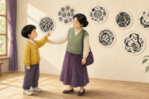 社区文化站书法展，男孩斜看圆形印章拓片