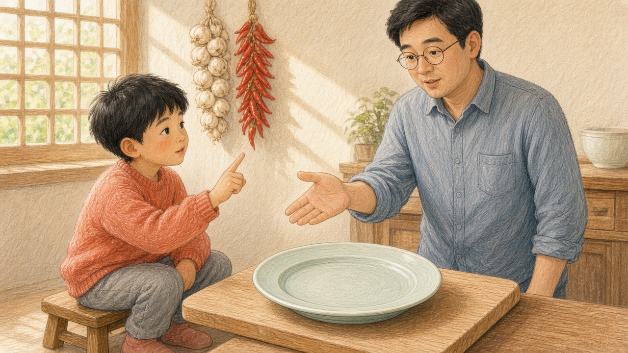 中景厨房案板旁孩子侧坐描圆盘轮廓