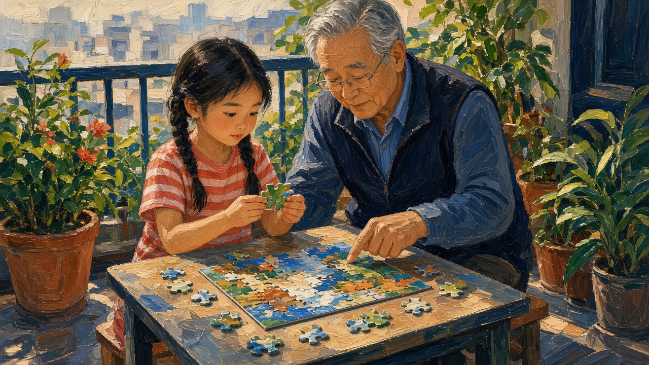 阳台小桌上,八岁女孩拿着一块拼图转着看边,爷爷在旁边指着拼了一半的风景图