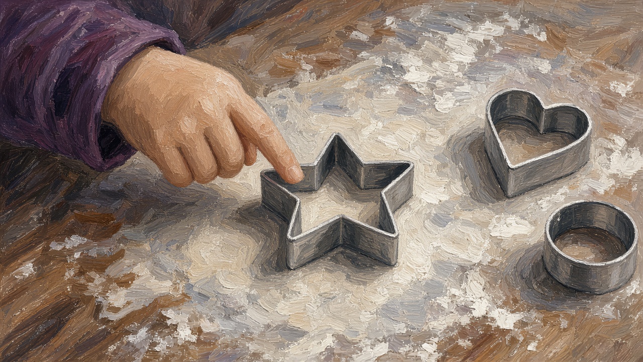 孩子的手指沿着撒了面粉的星星饼干模具边缘慢慢摸,停在一个尖角上
