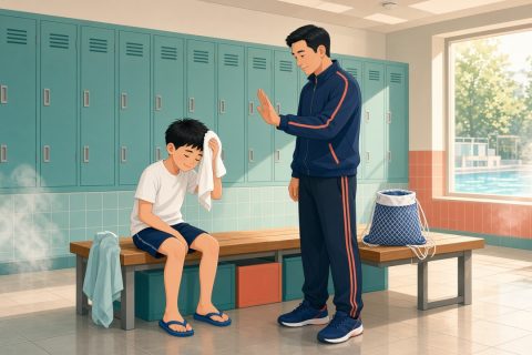 公共泳池更衣室，短发男孩擦着头发，藏青运动外套爸爸竖起手掌示意先听完，蓝白泳包放在长凳上