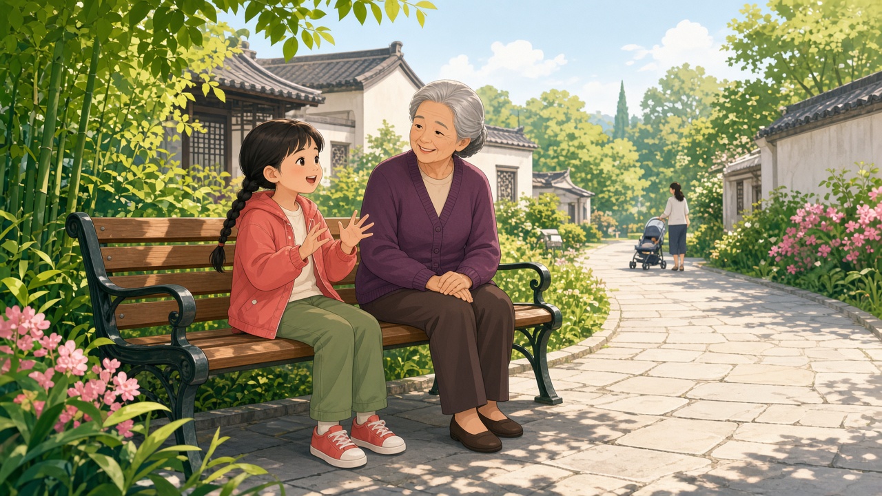 小区花园坐凳旁,双辫女孩复述指令,灰发外婆点头,远处有人推婴儿车经过
