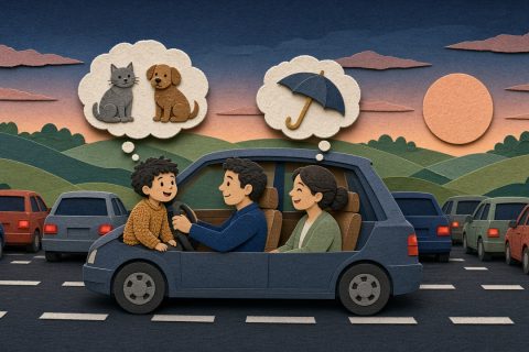 堵车的后座上，一家人玩起了猜东西的游戏