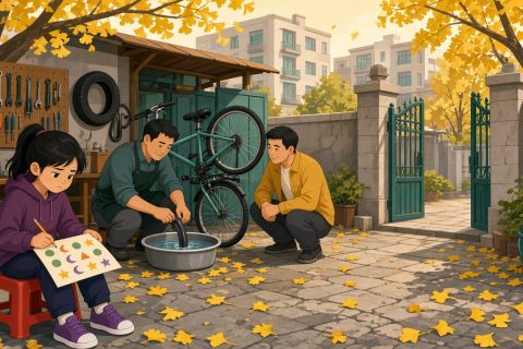 小区门口的修车铺里，女孩坐在红色小凳上对着图形卡皱眉，爸爸蹲在旁边看师傅补胎