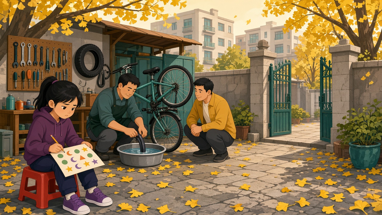 小区门口的修车铺里,女孩坐在红色小凳上对着图形卡皱眉,爸爸蹲在旁边看师傅补胎