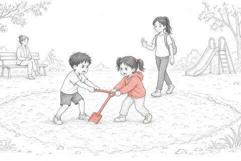 小区沙坑边两个低年级孩子争一把小铲子，一位大姐姐走过来询问