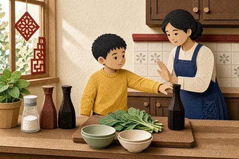 厨房案板前芥末黄毛衣男孩伸手摸向右边醋瓶，靛蓝围裙妈妈举手示意停下