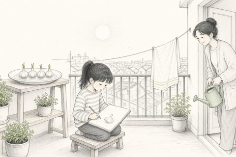 阳台上女孩对着一盘泡水的蒜瓣画观察日记