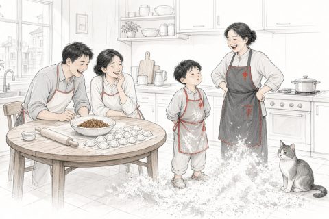 姑姑家包饺子时面粉撒了一地，六岁男孩挺着胸脯，以为姑姑那句话是在夸他