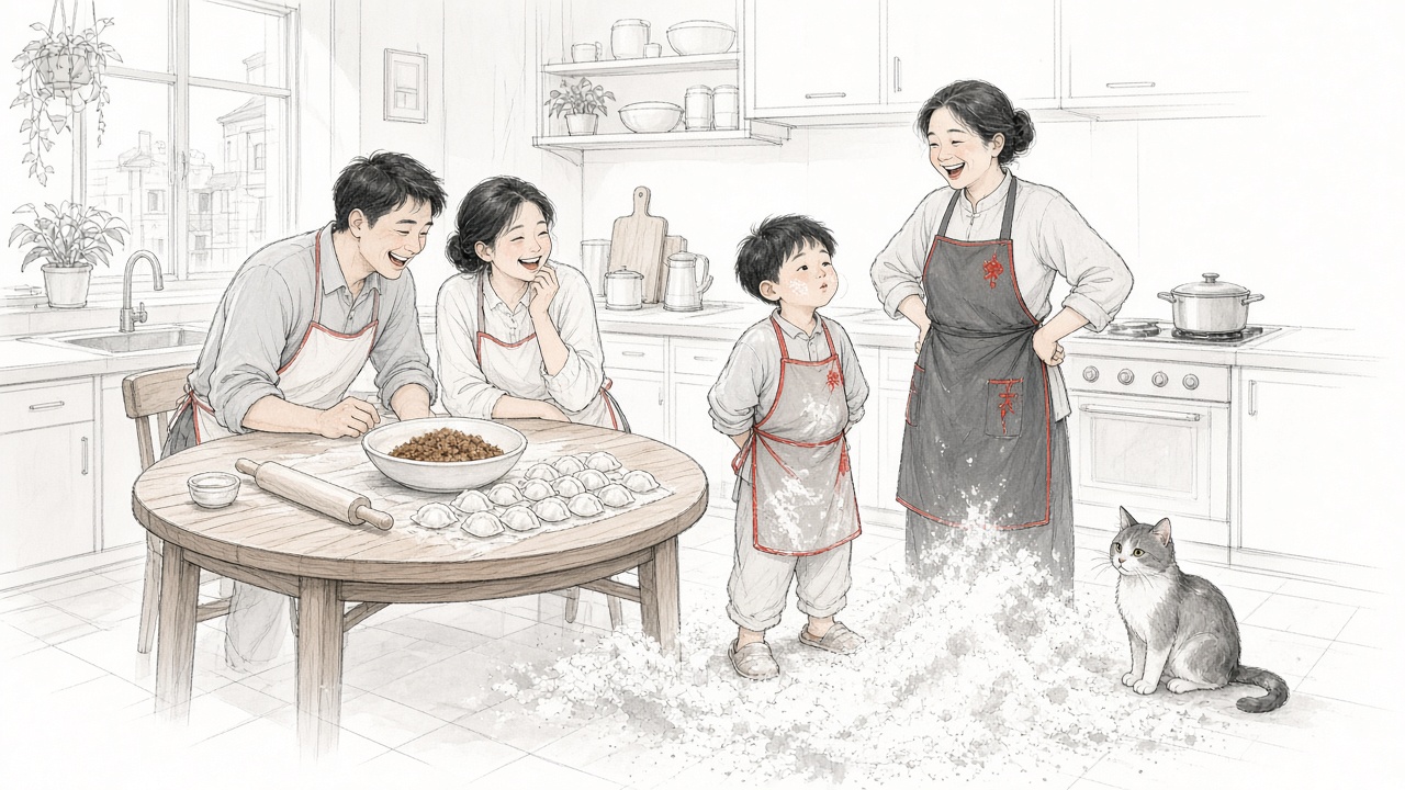 姑姑家包饺子时面粉撒了一地,六岁男孩挺着胸脯,以为姑姑那句话是在夸他