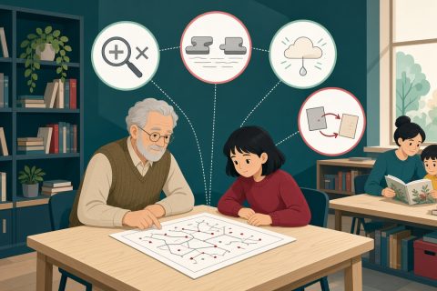 图书馆里外公和外孙女一起看卷子，几种不同的错误类型被拆开示意