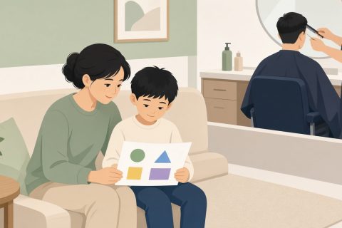 理发店等候区，男孩膝上图形纸，妈妈俯看，远处爸爸理发背影