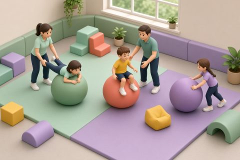 感统训练室里孩子们趴、坐、推大龙球的等距插画