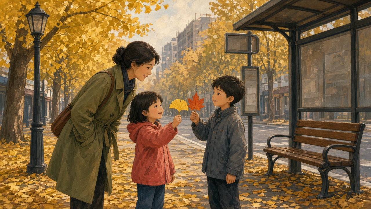 秋天的公交站旁，姐弟俩各举一片银杏叶和枫叶并在一起比，妈妈弯腰听他们说