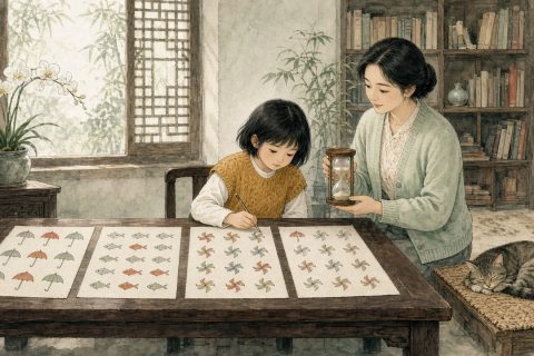 姑姑在旁拿着沙漏，女孩依次做四张划消纸