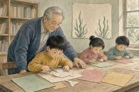 社区图书馆手工角，大班男孩沿线剪小鱼，外公在旁边伸手