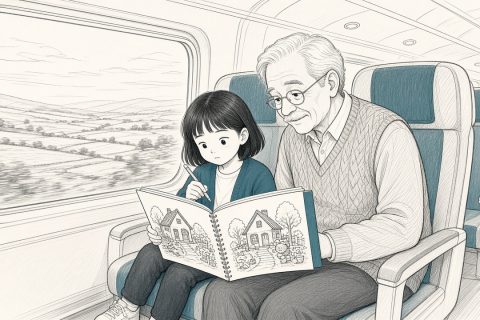 高铁车厢里女孩捧着找不同小册子，外公在旁边一起看