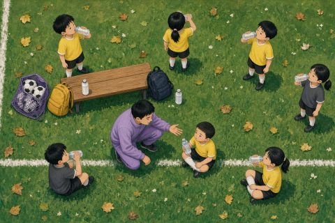 足球场边俯瞰：中场休息时孩子们喝水，教练蹲下来接过男孩拧歪的水瓶