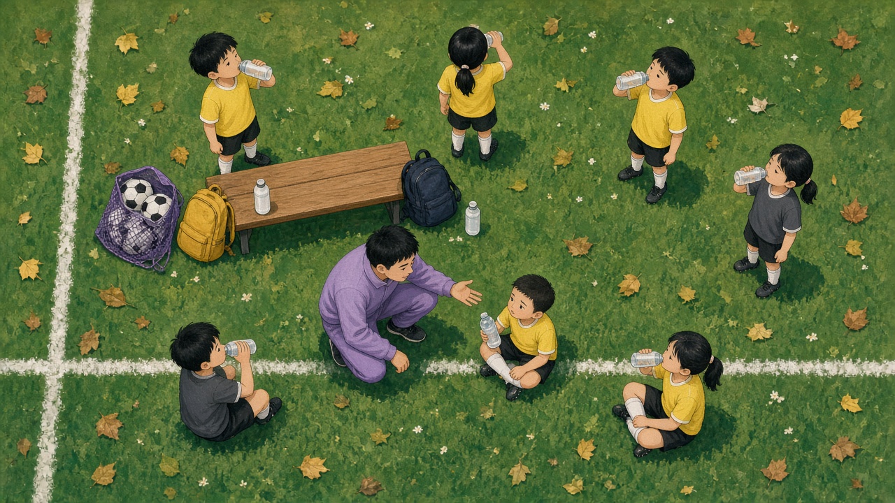 足球场边俯瞰:中场休息时孩子们喝水,教练蹲下来接过男孩拧歪的水瓶