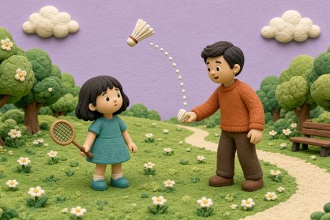 公园草坪上女孩举着球拍抬头找羽毛球