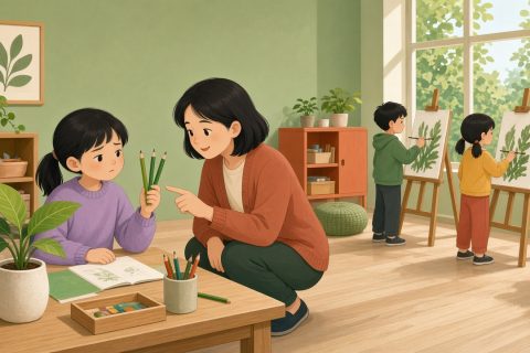 周末美术班里，一年级女孩举着三支深浅不同的绿色彩铅对着叶子发愣，老师蹲在旁边指着叶子