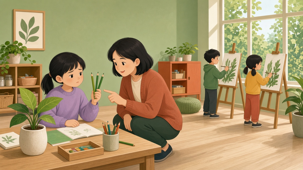 周末美术班里,一年级女孩举着三支深浅不同的绿色彩铅对着叶子发愣,老师蹲在旁边指着叶子