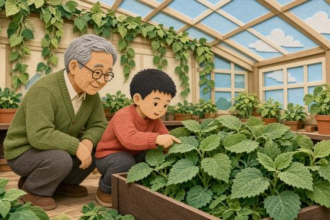 温室花槽里外公和男孩指认重叠叶子间露出的锯齿边