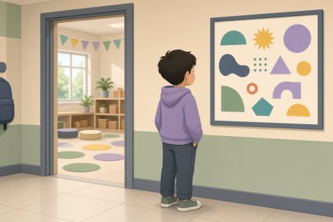 兴趣班走廊男孩盯着墙上抽象海报安静站立
