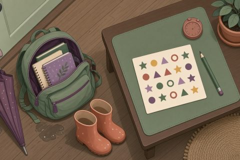 雨天玄关书包旁矮桌上只放一张划消图卡