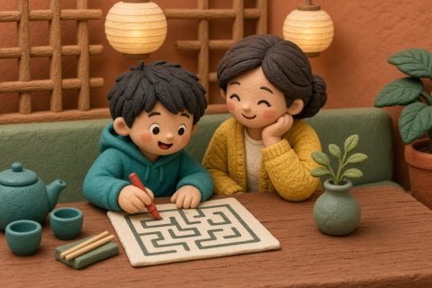 饭馆里孩子用蜡笔在餐垫纸迷宫上画线，妈妈在一旁看着