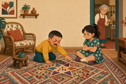 外婆家客厅里，输了跳棋的男孩把棋子抹乱，表姐抱着手臂生气