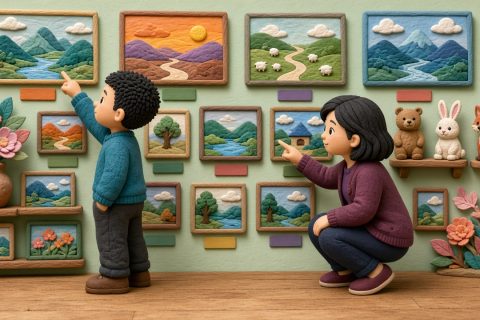 美术教室作品墙前男孩找蓝屋顶画妈妈指