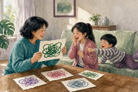 姑姑举起彩色涂画的卡片，姐姐捂嘴笑自己说错了，弟弟在沙发上指着卡片大笑
