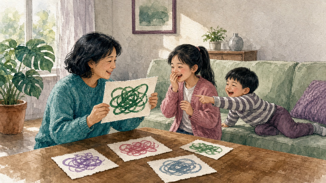 姑姑举起彩色涂画的卡片,姐姐捂嘴笑自己说错了,弟弟在沙发上指着卡片大笑