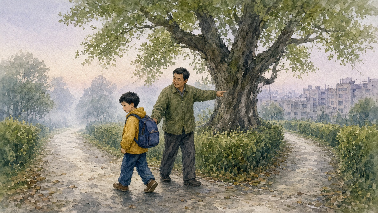 小区樟树下的岔路口,男孩的脚自顾自往老路拐,爸爸笑着指向新路