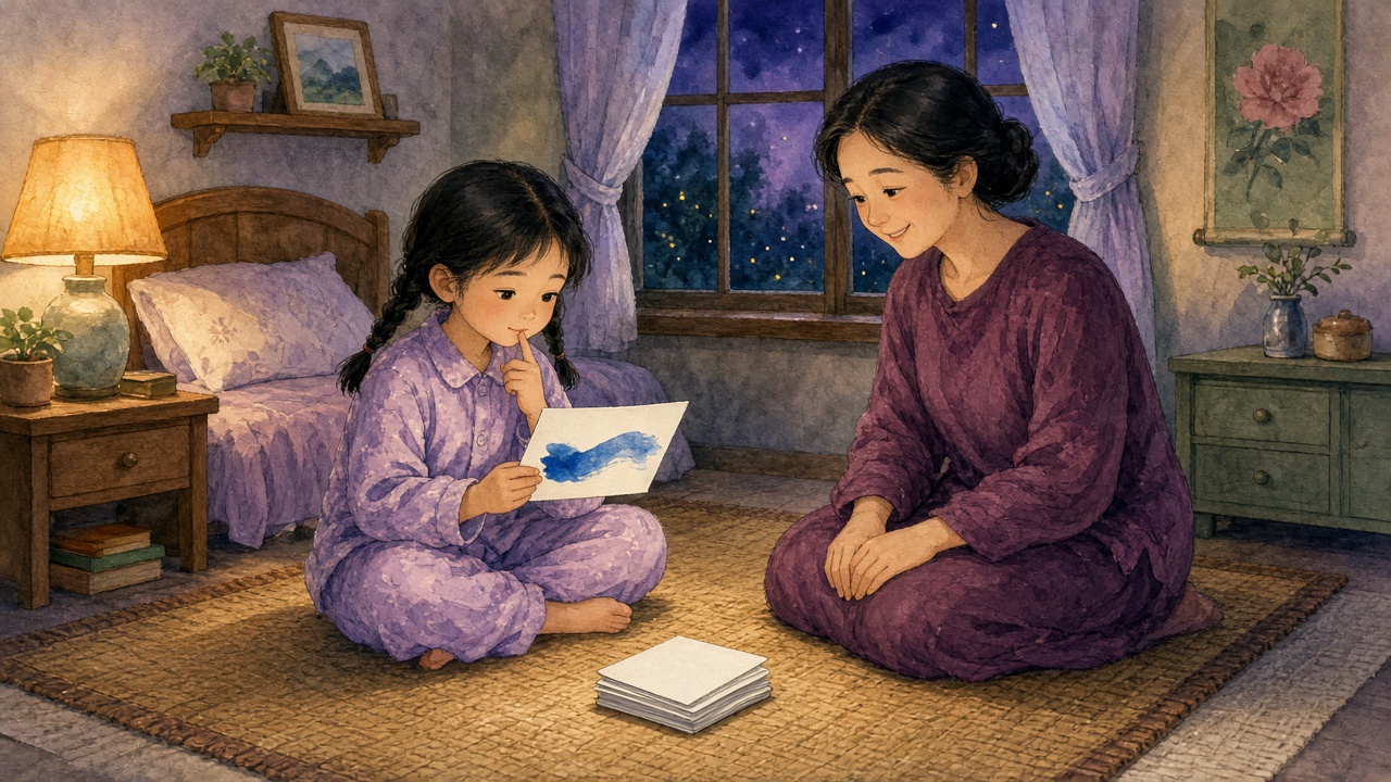 睡前卧室里,女孩手指抵着嘴唇停下来想,妈妈坐在一旁耐心等着
