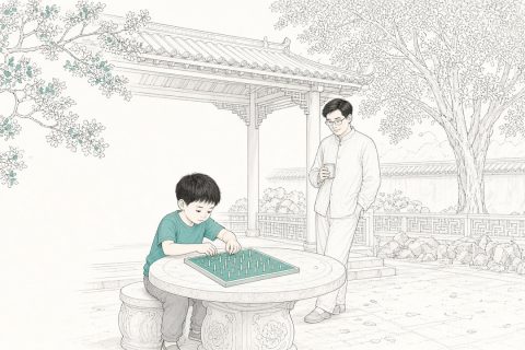 小区凉亭石桌边，男孩双手在操作板上套珠，爸爸在一旁看
