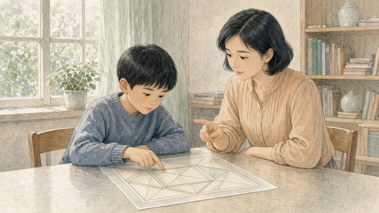 活动室里,男孩坐直身子用指尖沿着透明片下图卡的边描图形,老师在旁边看着