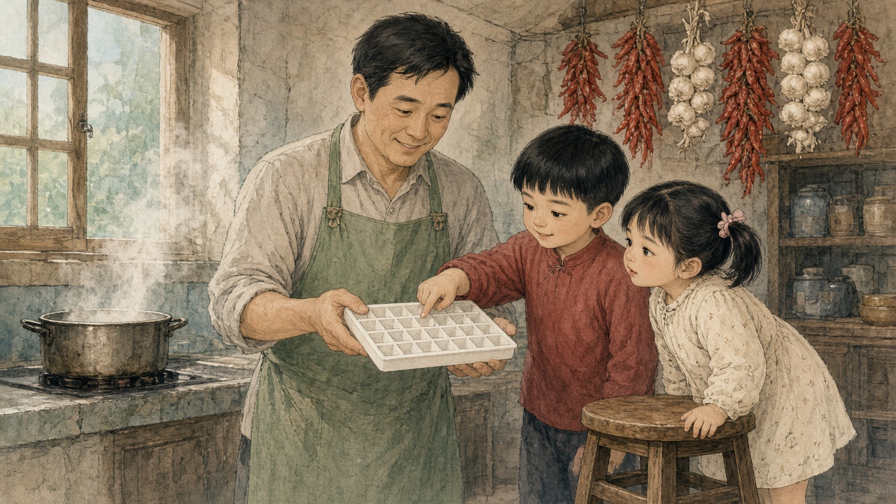 厨房里,爸爸拿着空冰格,哥哥指着两个相连的小格,妹妹凑近看