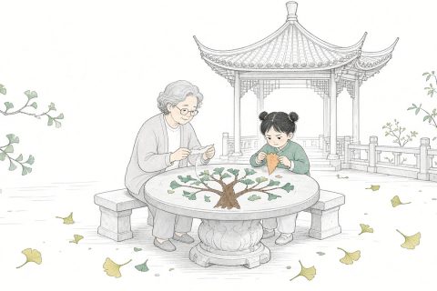 小区凉亭的石桌旁，外婆两只拇指并拢撕出细纸条，大班外孙女看着手里撕歪的胡萝卜形纸条皱眉